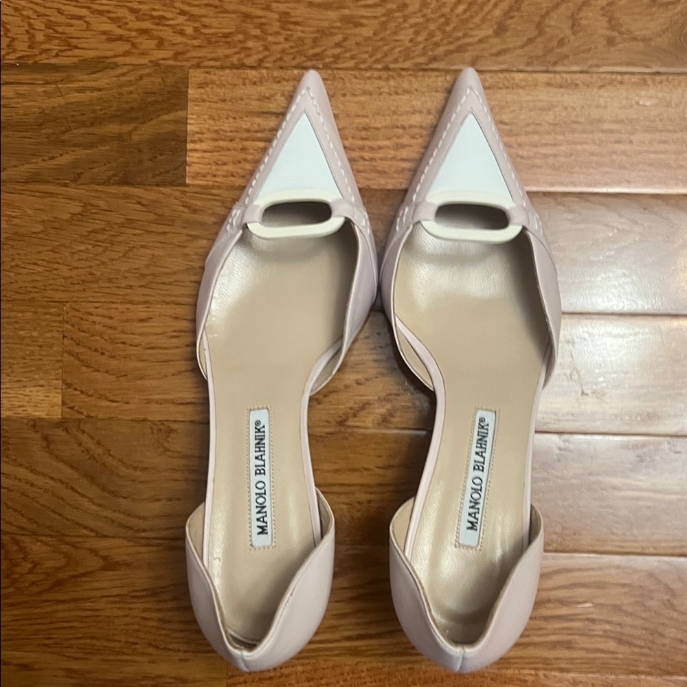 Manolo Blahnik Pink and White Pointed Toe D'Orsay Heels